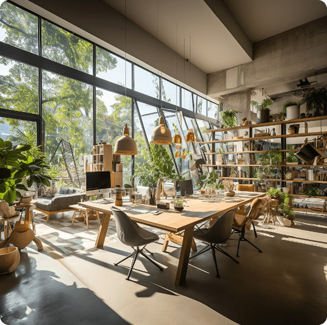 Spacious modern office interior with large windows and plants